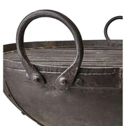 Prémium minőségű, rusztikus vidéki stílusú, 50 cm átmérőjű, antik barna színű, antikolt szegecselt felületű kézműves kerti tűzrakó üst, levehető grill ráccsal és állvánnyal 