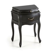 Mahagónifából készült klasszikus koloniál stílusú, fekete színű kézműves éjjeliszekrény.