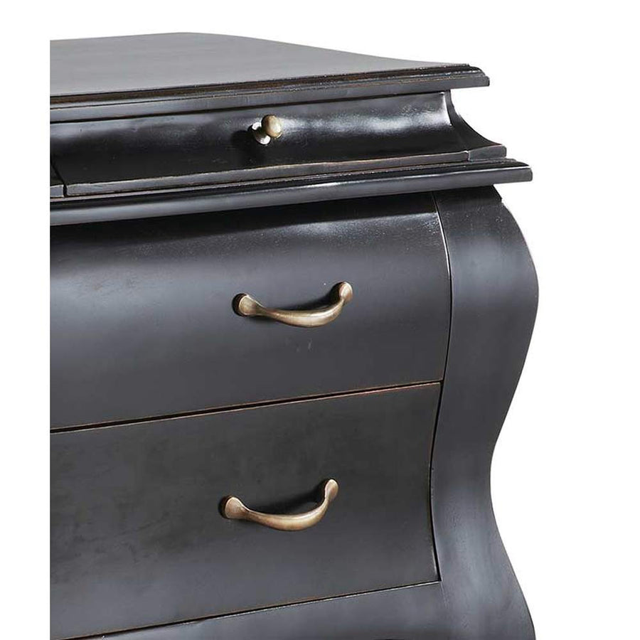 Mahagónifából készült klasszikus koloniál stílusú, ébenfekete színű kézműves fiókos komód.