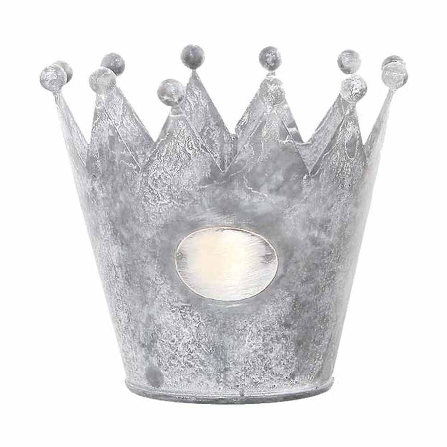 Vidéki vintage stílusú, antikolt felületű, 15 cm átmérőjű korona formájú bádog kaspó.