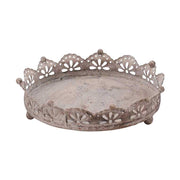 Vintage stílusú, fémcsipkével díszített, koronás bádogtálca