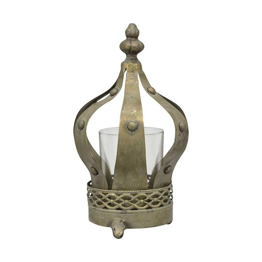 Vintage stílusú, antikolt réz színű, 23 cm magas, üvegbúrás kronás fém mécsestartó