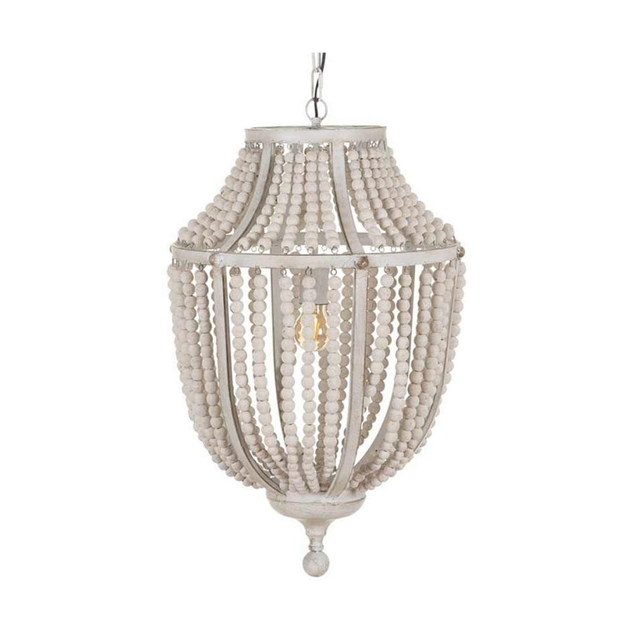 Kortárs mediterrán stílusú, patinás krém színű fémből és fehér színű tölgyfa gyöngysorból készült függeszték lámpa