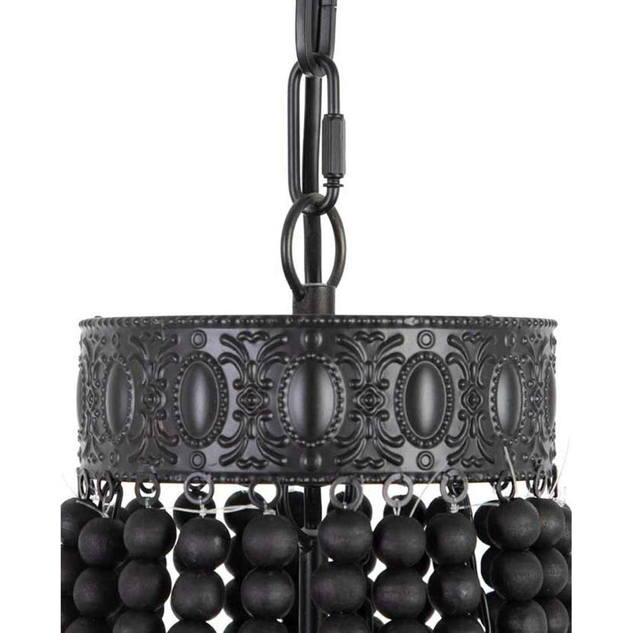 Kortárs mediterrán stílusú, matt fekete színű dombormintás fémből és fa gyöngysorból készült függeszték csillár