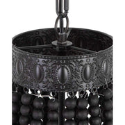 Kortárs mediterrán stílusú, matt fekete színű dombormintás fémből és fa gyöngysorból készült függeszték csillár