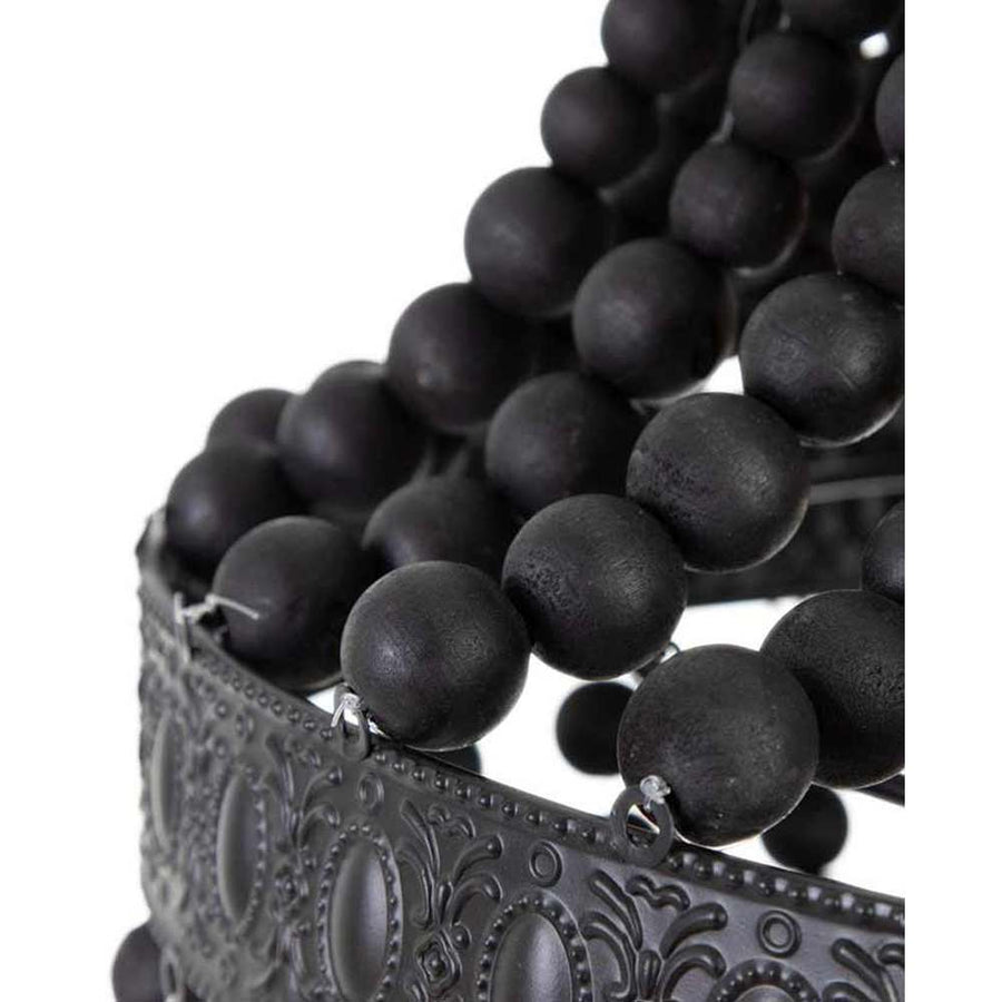 Kortárs mediterrán stílusú, matt fekete színű dombormintás fémből és fa gyöngysorból készült függeszték csillár