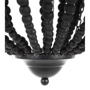 Kortárs mediterrán stílusú, matt fekete színű dombormintás fémből és fa gyöngysorból készült függeszték csillár