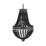 Kortárs mediterrán stílusú, matt fekete színű dombormintás fémből és fa gyöngysorból készült függeszték csillár