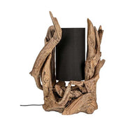 Kortárs stílusú, újrahasznosított, göcsörtös mangófából készült asztalilámpa.