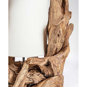 Kortárs stílusú, újrahasznosított, göcsörtös mangófából készült asztali lámpa.