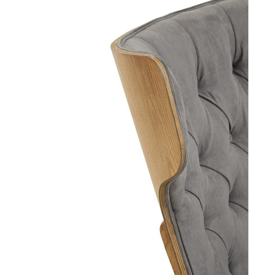 Prémium minőségű, kortárs stílusú, hajlított szilfából készült szürke színű bársonnyal kárpitozott szárnyas relaxációs szék