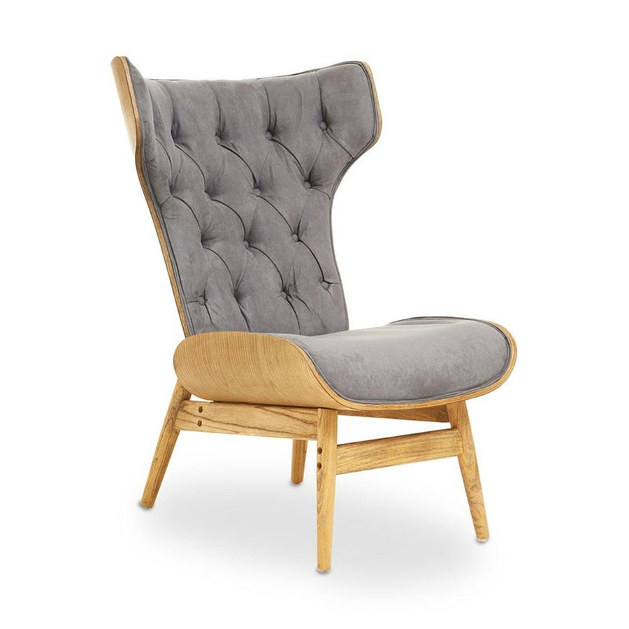 Prémium minőségű, kortárs stílusú, hajlított szilfából készült szürke színű bársonnyal kárpitozott szárnyas relaxációs szék