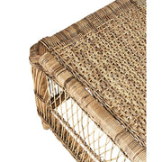 Prémium minőségű, formatervezett, kortárs törzsi stílusú, natúr színű, 160 cm hosszú, kézműves rattan dohányzóasztal