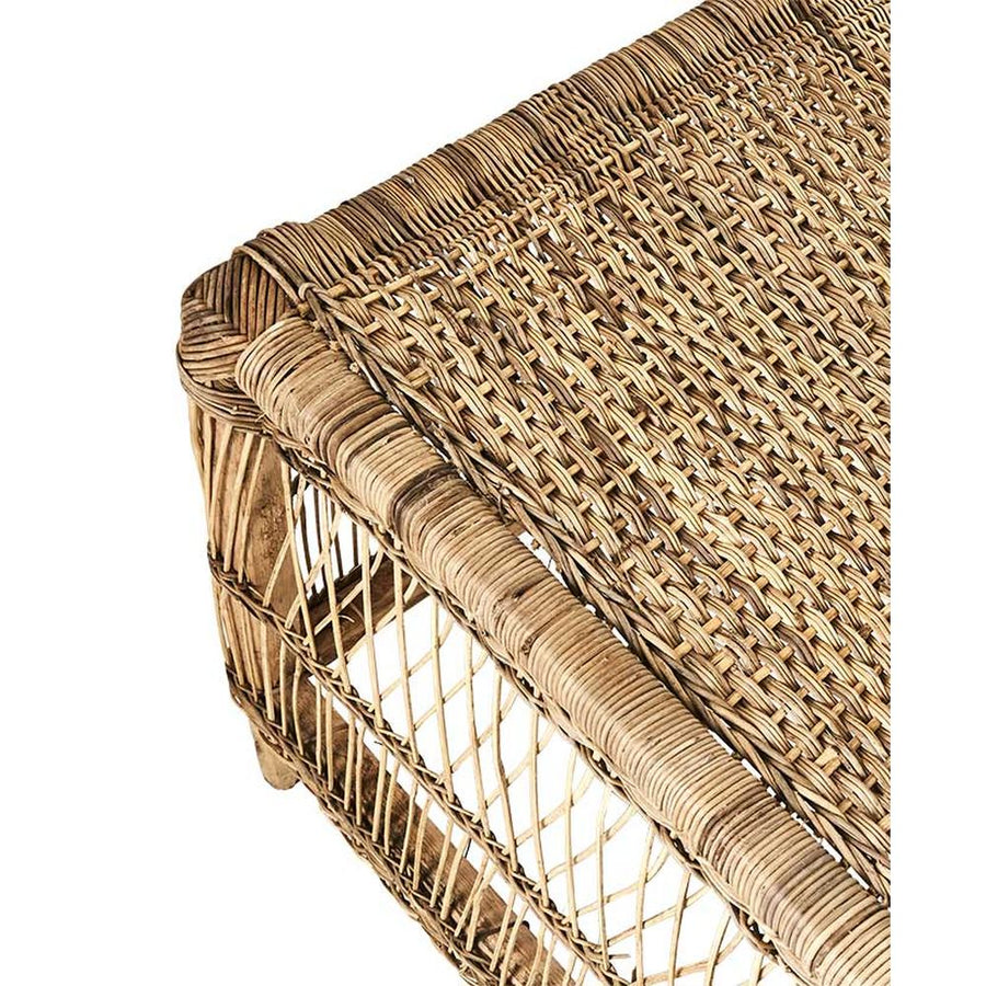 Prémium minőségű, formatervezett, kortárs törzsi stílusú, natúr színű, 160 cm hosszú, kézműves rattan dohányzóasztal