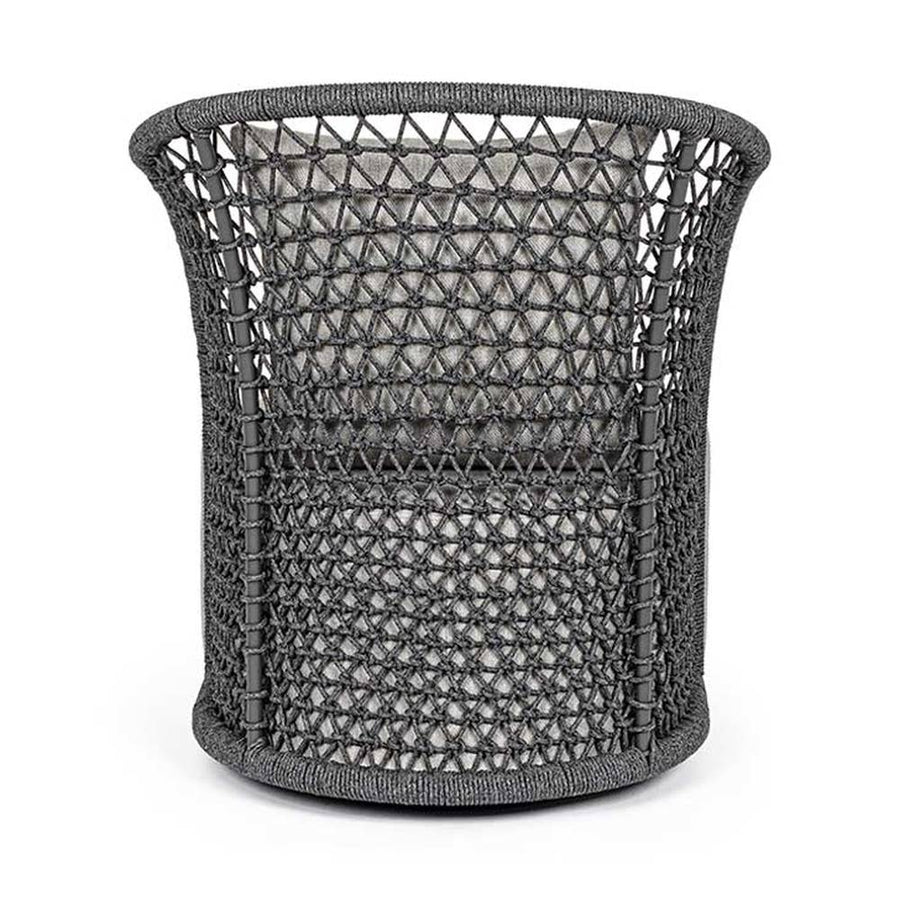 Kortárs stílusú, antracitszürke színű, forgatható, formatervezett kerti dizájn fotel.