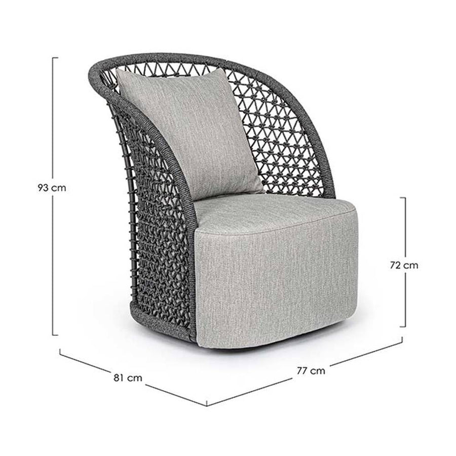 Kortárs stílusú, antracitszürke színű, forgatható, formatervezett kerti dizájn fotel.