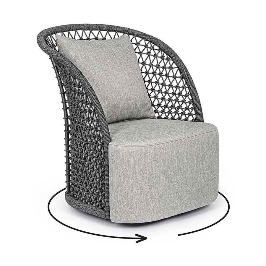 Kortárs stílusú, antracitszürke színű, forgatható, formatervezett kerti dizájn fotel.