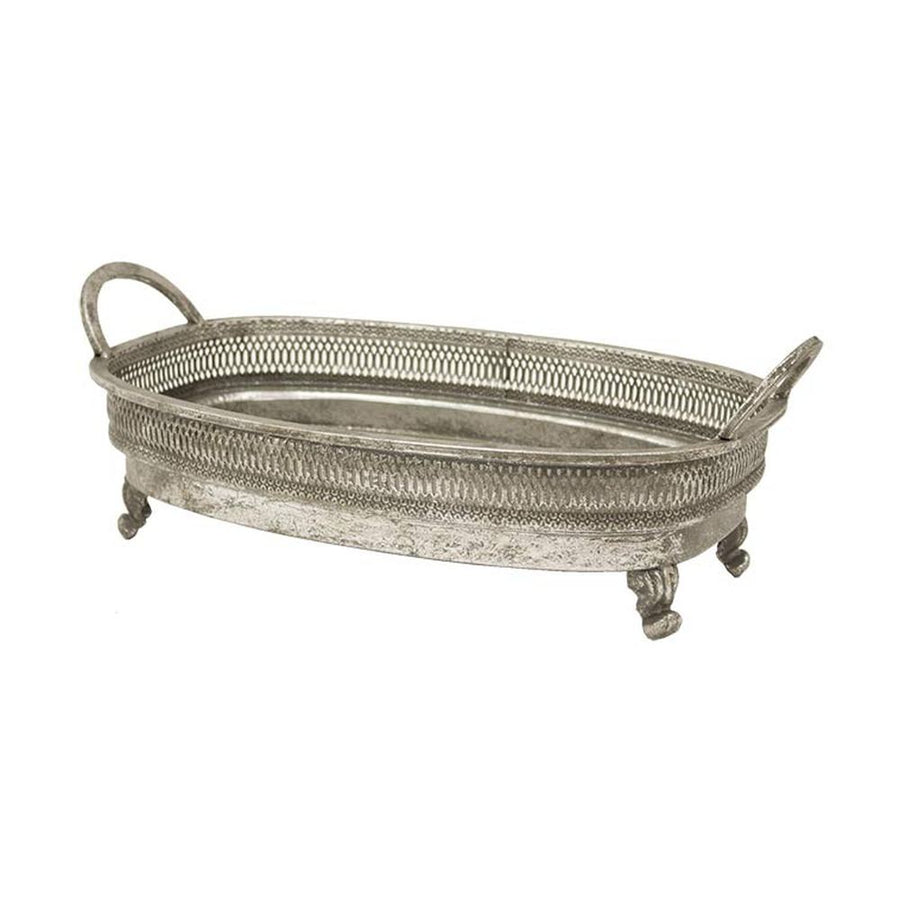 Lábakon álló, patinás, antik ezüst színű fémtálca