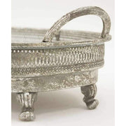 Lábakon álló, patinás, antik ezüst színű fémtálca