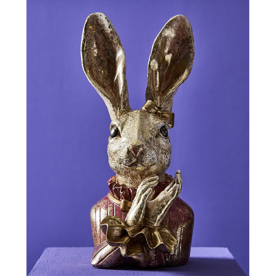 Antikolt felületű, arany masnival díszített, galléros nyuszi lány mellszobor.