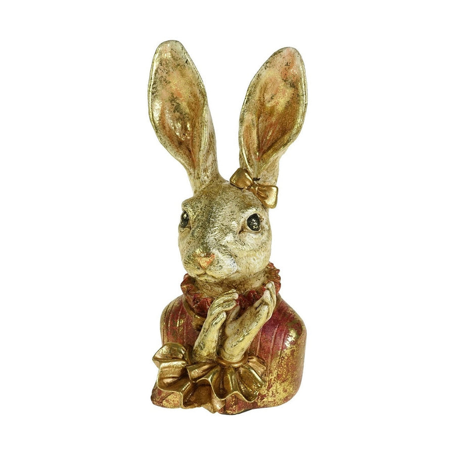 Antikolt felületű, arany masnival díszített, galléros nyuszi lány mellszobor.