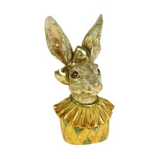 Antikolt felületű, kárómintás ruhát viselő, arany masnival díszített, spanyolgalléros nyuszi lány mellszobor.