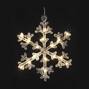 Függeszthető, 16 db meleg fehér fényű, időzíthető  LED világítással felszerelt, világító karácsonyi jeges hópehely fekete háttér előtt 