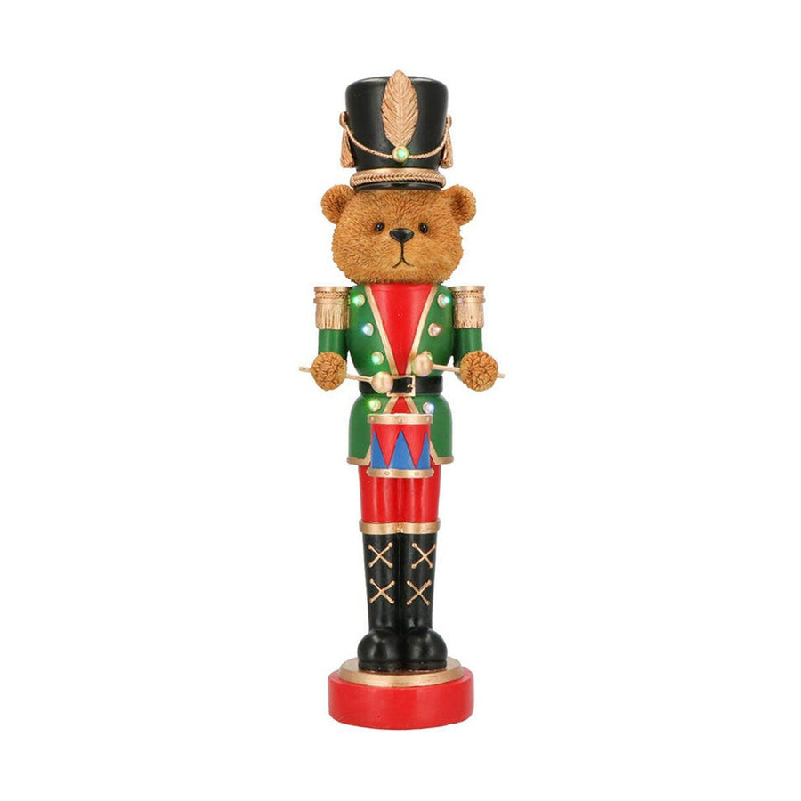 Klasszikus stílusú, LED-es kialakítású, 46 cm magas, karácsonyi dobos diótörő maci.