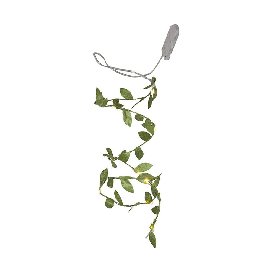 Mesterséges, 95 cm hosszú apró, zöld levelű girland műnövény, meleg fehér fényű, harmatcsepp formájú LED világítással