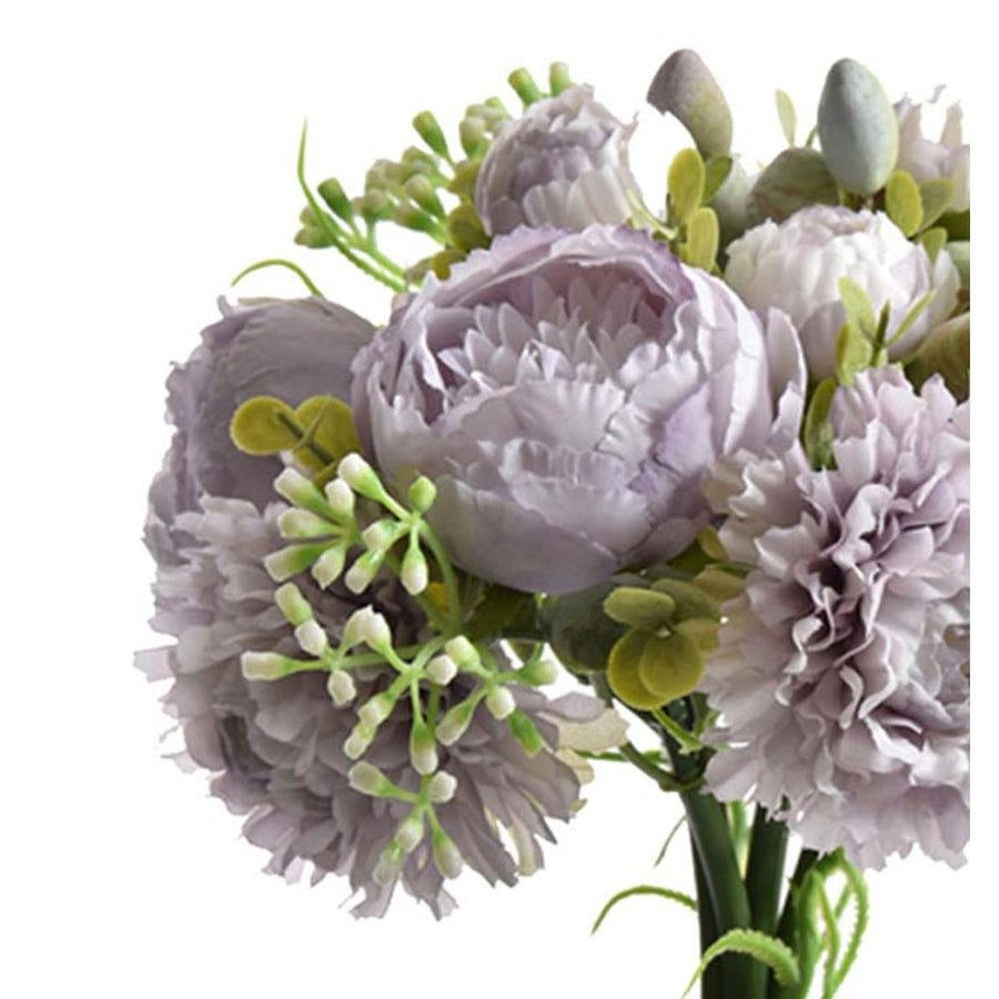 Élethű megjelenésű, mesterséges lila színű dáliából és pünkösdirózsából készült művirág csokor