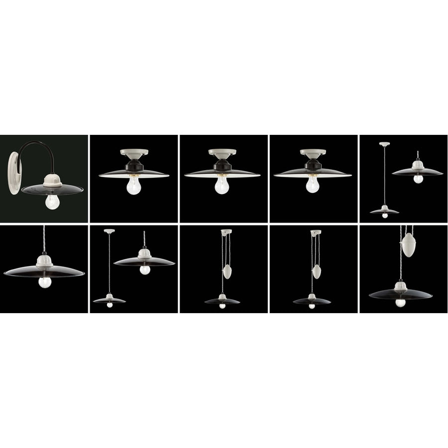 Vidéki stílusú, fekete színű mázas fémből és fehér színű mázas kerámiából készült, textilburkolatú vezetékkel kialakított, kézműves függeszték lámpa.