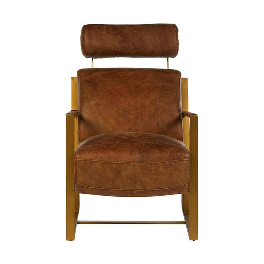 Matt arany színű bevonatú vasból készült, vintage barna színű marhabőrrel kárpitozott, kortárs-loft stílusú, formatervezett prémium fotel.