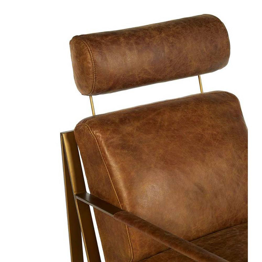 Matt arany színű bevonatú vasból készült, vintage barna színű marhabőrrel kárpitozott, kortárs-loft stílusú, formatervezett prémium fotel.