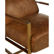 Matt arany színű bevonatú vasból készült, vintage barna színű marhabőrrel kárpitozott, kortárs-loft stílusú, formatervezett prémium fotel.