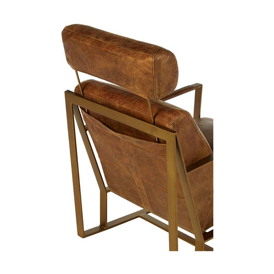 Matt arany színű bevonatú vasból készült, vintage barna színű marhabőrrel kárpitozott, kortárs-loft stílusú, formatervezett prémium fotel.