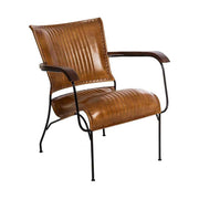 Loft stílusú, konyak színű kecskebőrrel kárpitozott, formaterezett, ergonomikus kialakítású, mangófa karfás karosszék