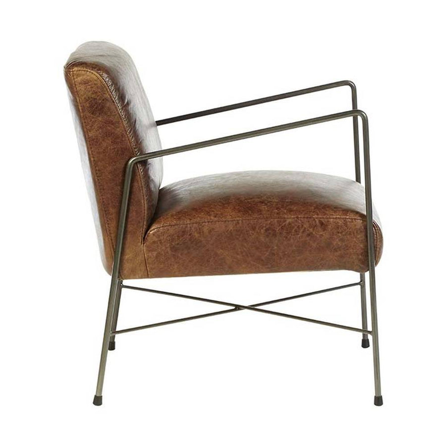 Natúr színű vasból készült, barna színű marhabőrrel kárpitozott, kortárs-loft stílusú, formatervezett prémium karosszék.