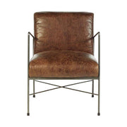 Natúr színű vasból készült, barna színű marhabőrrel kárpitozott, kortárs-loft stílusú, formatervezett prémium karosszék.