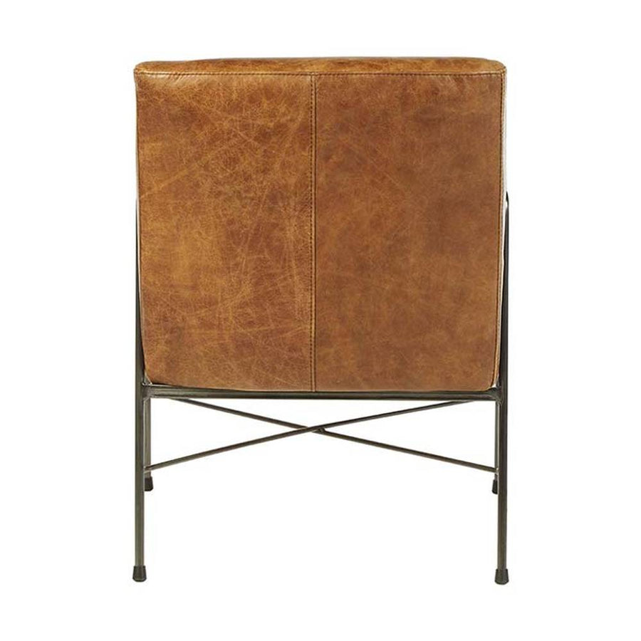 Natúr színű vasból készült, dohánybarna színű marhabőrrel kárpitozott, kortárs-loft stílusú, formatervezett prémium karosszék.