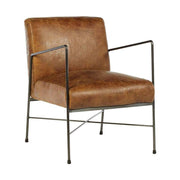 Natúr színű vasból készült, dohánybarna színű marhabőrrel kárpitozott, kortárs-loft stílusú, formatervezett prémium karosszék.