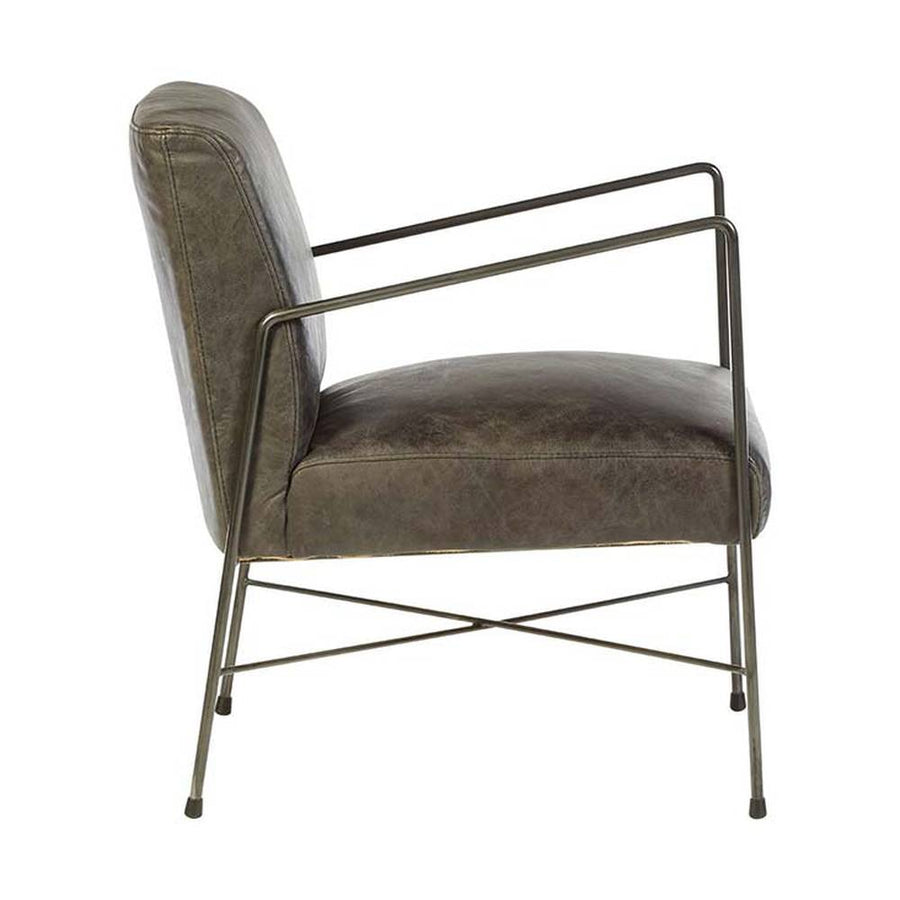 Natúr színű vasból készült, ébenfa színű marhabőrrel kárpitozott, kortárs-loft stílusú, formatervezett prémium karosszék.