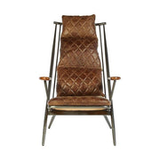 Vasból készült, vintage sötétbarna színű marhabőrrel kárpitozott, kortárs-loft stílusú, formatervezett prémium pihenő karosszék