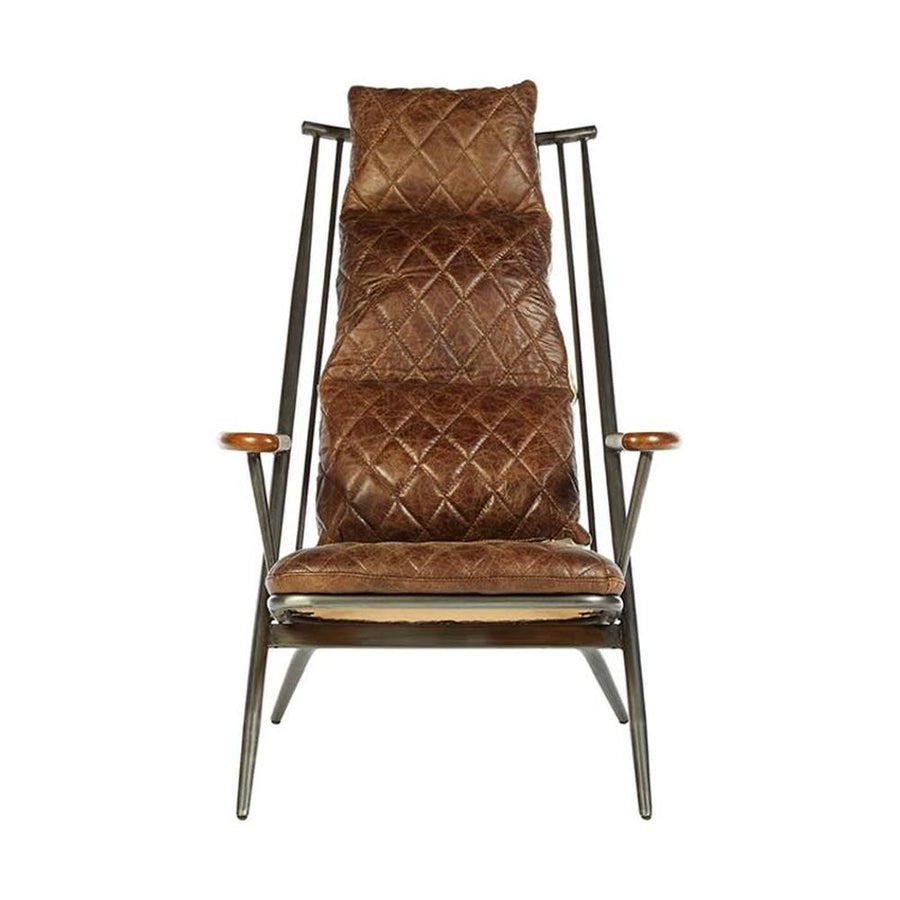 Vasból készült, vintage sötétbarna színű marhabőrrel kárpitozott, kortárs-loft stílusú, formatervezett prémium pihenő karosszék