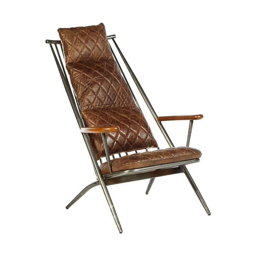 Vasból készült, vintage sötétbarna színű marhabőrrel kárpitozott, kortárs-loft stílusú, formatervezett prémium pihenő karosszék.