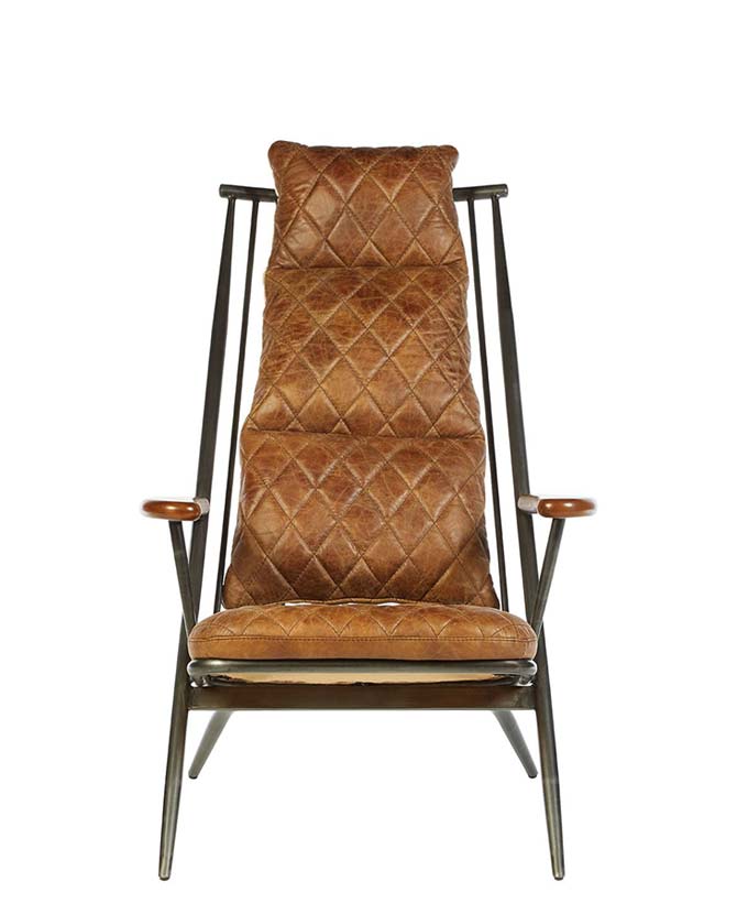 Vasból készült, vintage barna színű marhabőrrel kárpitozott, kortárs-loft stílusú, formatervezett prémium pihenő karosszék.