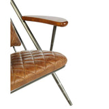 Vasból készült, vintage barna színű marhabőrrel kárpitozott, kortárs-loft stílusú, formatervezett prémium pihenő karosszék.
