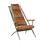 Vasból készült, vintage barna színű marhabőrrel kárpitozott, kortárs-loft stílusú, formatervezett prémium pihenő karosszék.