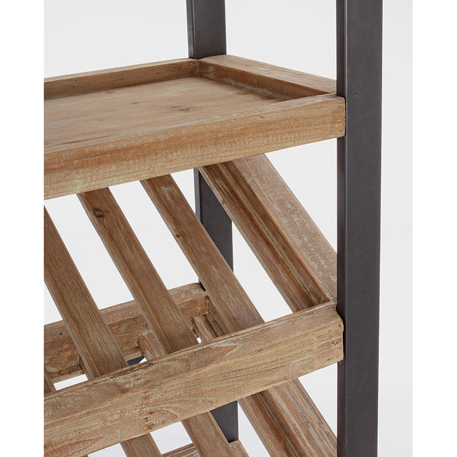 Fémből és fából készült, loft stílusú bortartó polcos állvány.
