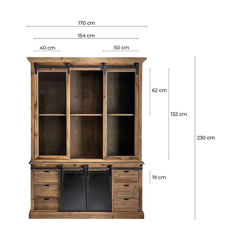 Prémium kategóriás, fenyőfából készült, 168 cm hosszú és 235 cm magas rusztikus felületű, natúr színű, vidéki loft stílusú tálalószekrény