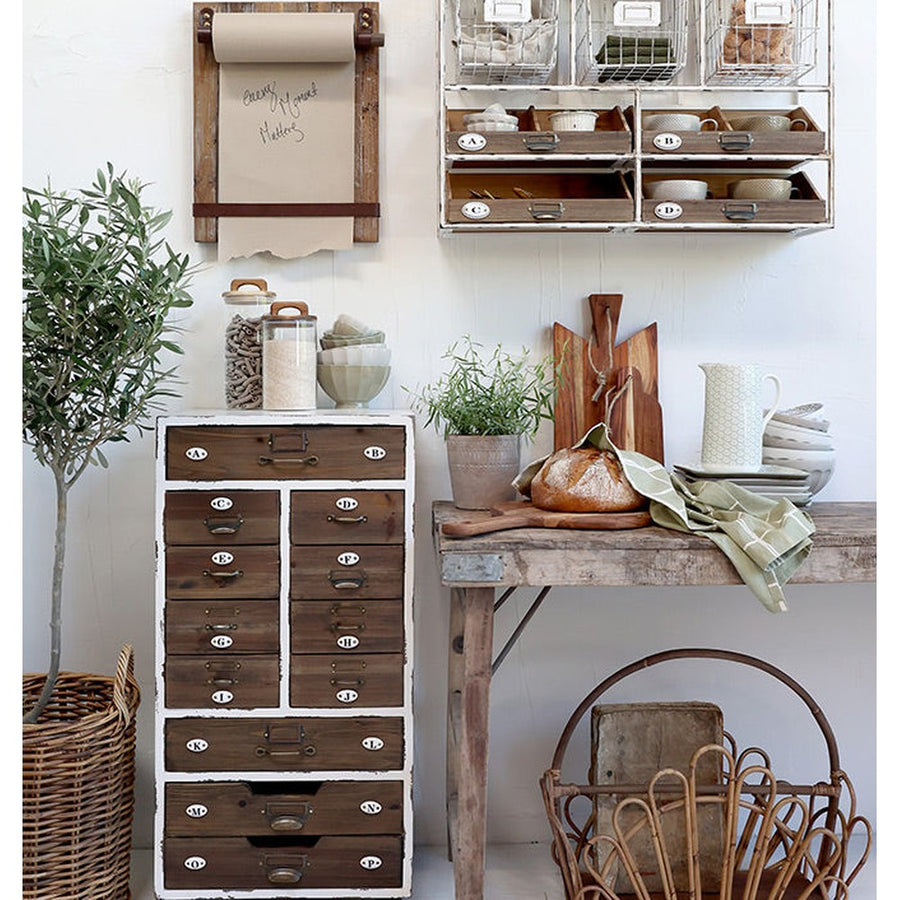 Ipari stílusú, 71 cm hosszú és 50 cm magas, 4 fiókos és 3 tárolókosárral rendelkező fali polc.